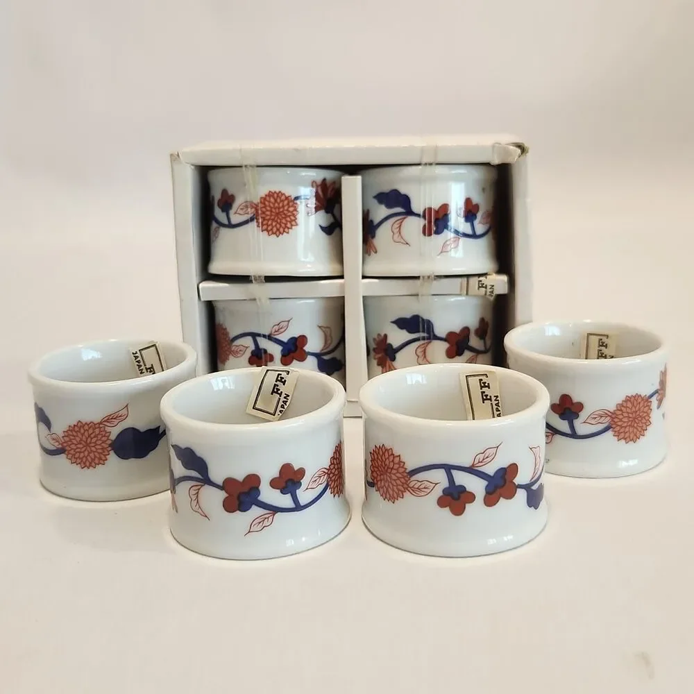 NOS Fitz &‎ Floyd Mandarin Garden Napkin Rings Floral Set Of 8